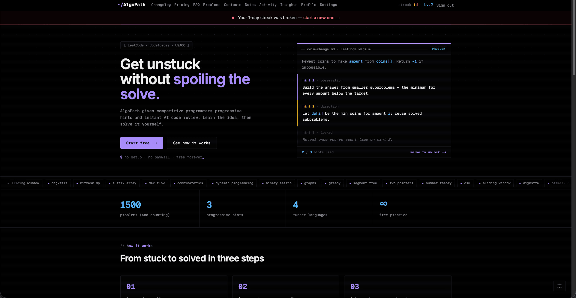 AlgoPath's progressive hint interface, showing step-by-step hints for a coding problem